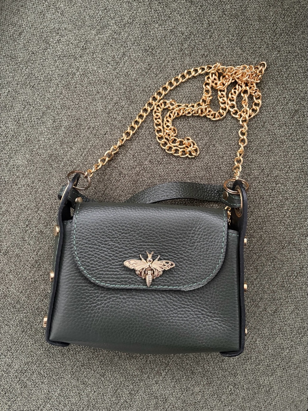 Women's Black Leather Crossbody Bag with Gold Bee Accent